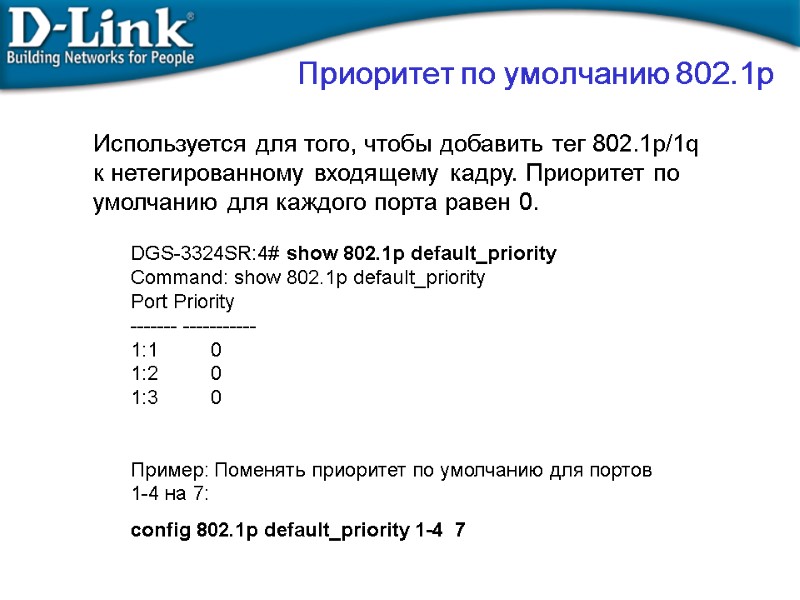 Используется для того, чтобы добавить тег 802.1p/1q к нетегированному входящему кадру. Приоритет по умолчанию